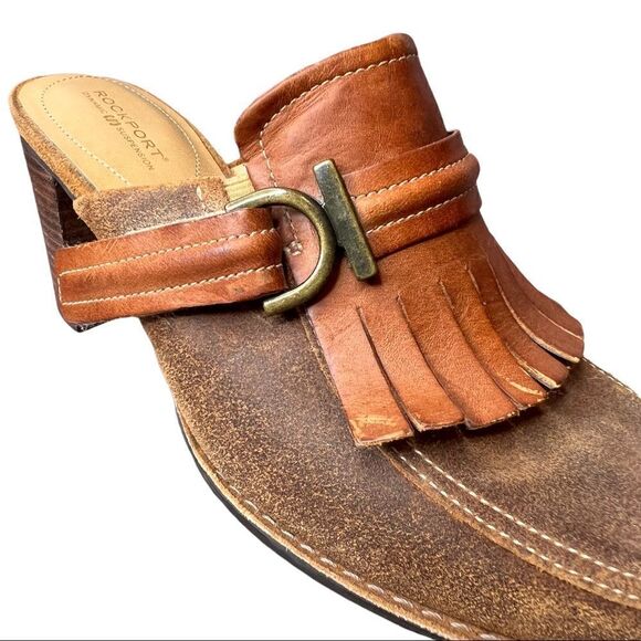 ROCKPORT Dynamic Suspension Leather Clog Mules 3" Heel in Browns Size 7.5 - Picture 5 of 11